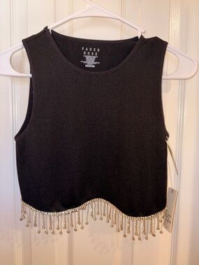 Faded Rose Black Cropped Tank with Gold Beaded Fringe